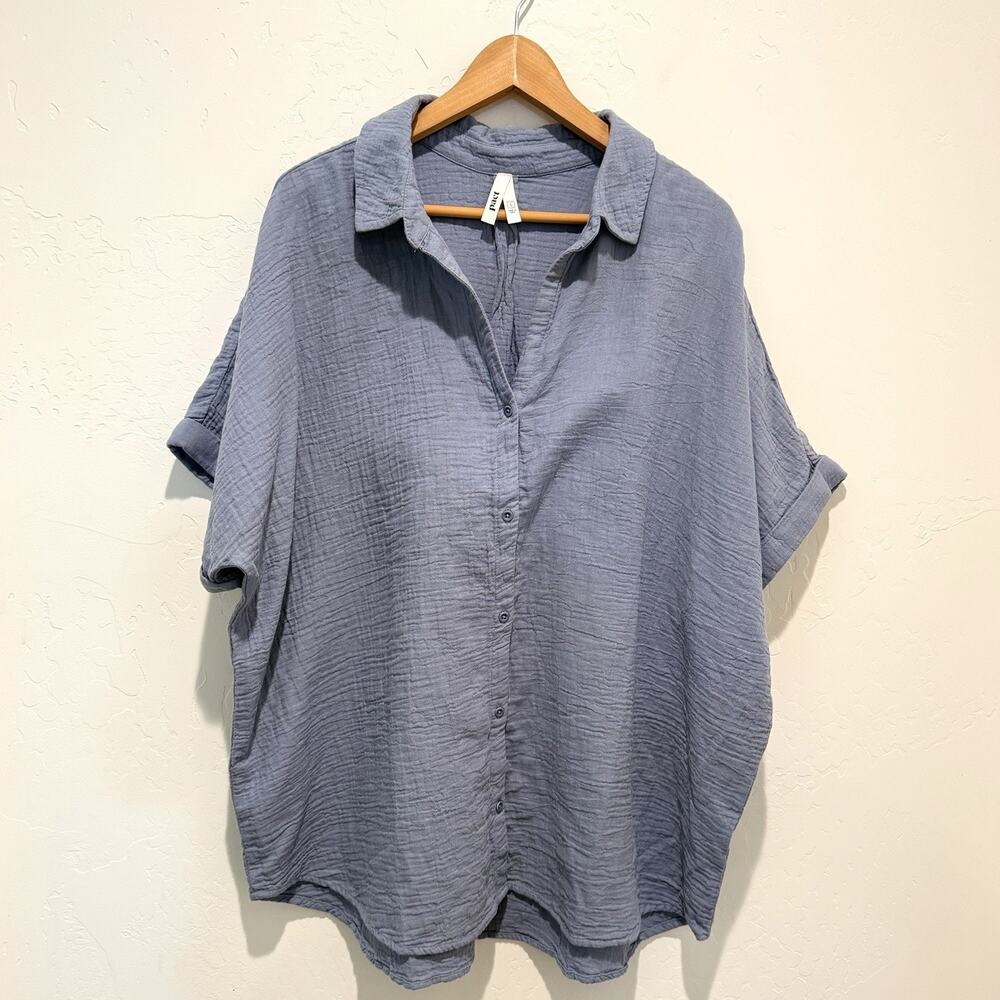Pact Organic Cotton Coastal Double Gauze Relaxed Shirt Womens Large Blue Button